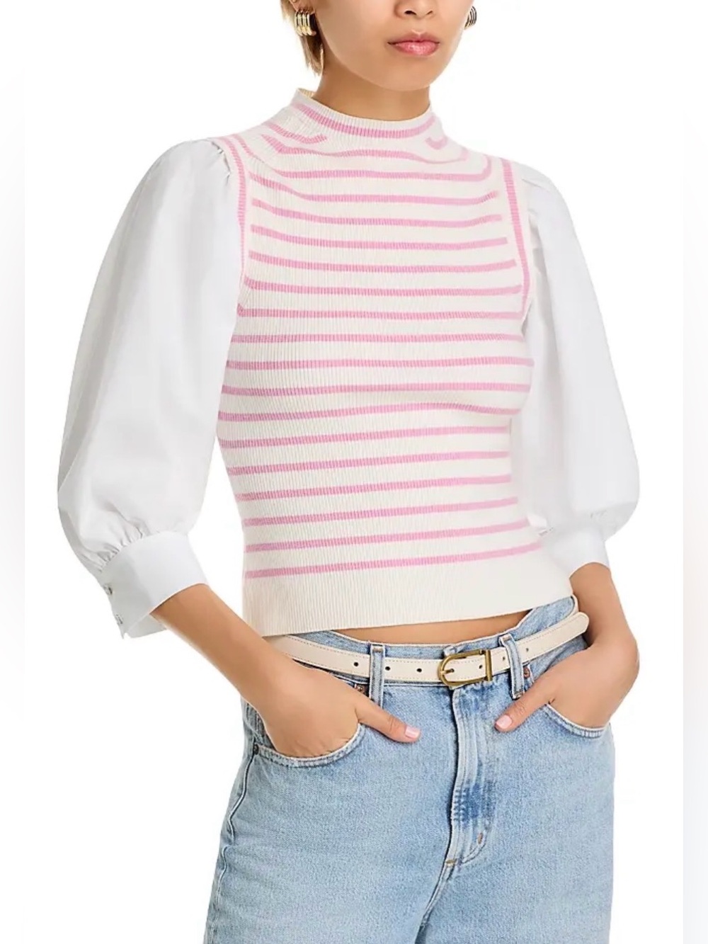 Derek Lam Pink & Cream Striped Ribbed Knit Sweater w/ Puff Sleeve Detail, Size M